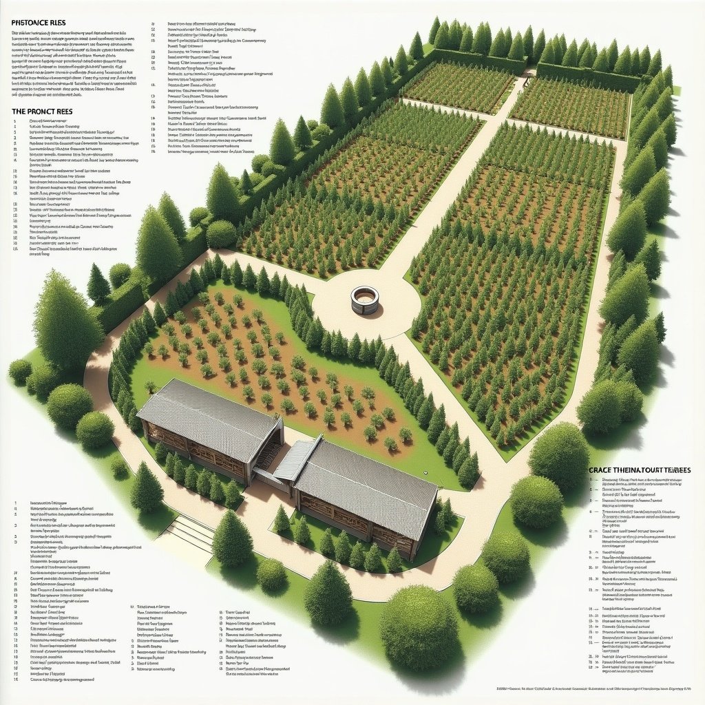 A detailed master plan for a tree nursery. Layout includes planting zones, pathways, and central feature. Plan designed for optimal space utilization and plant growth.