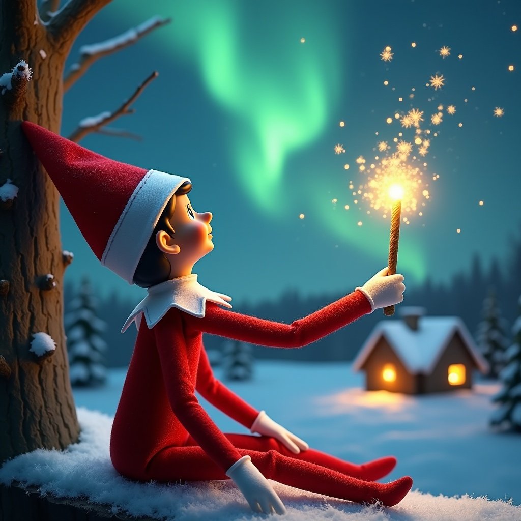 An elf on the shelf sits back to the viewer holding a glowing wand. The elf looks up at colorful northern lights. A charming house and snow are visible in the background. The scene represents Christmas magic and wonder. The name 'Josh, Enzo & Laila' appears from the wand.