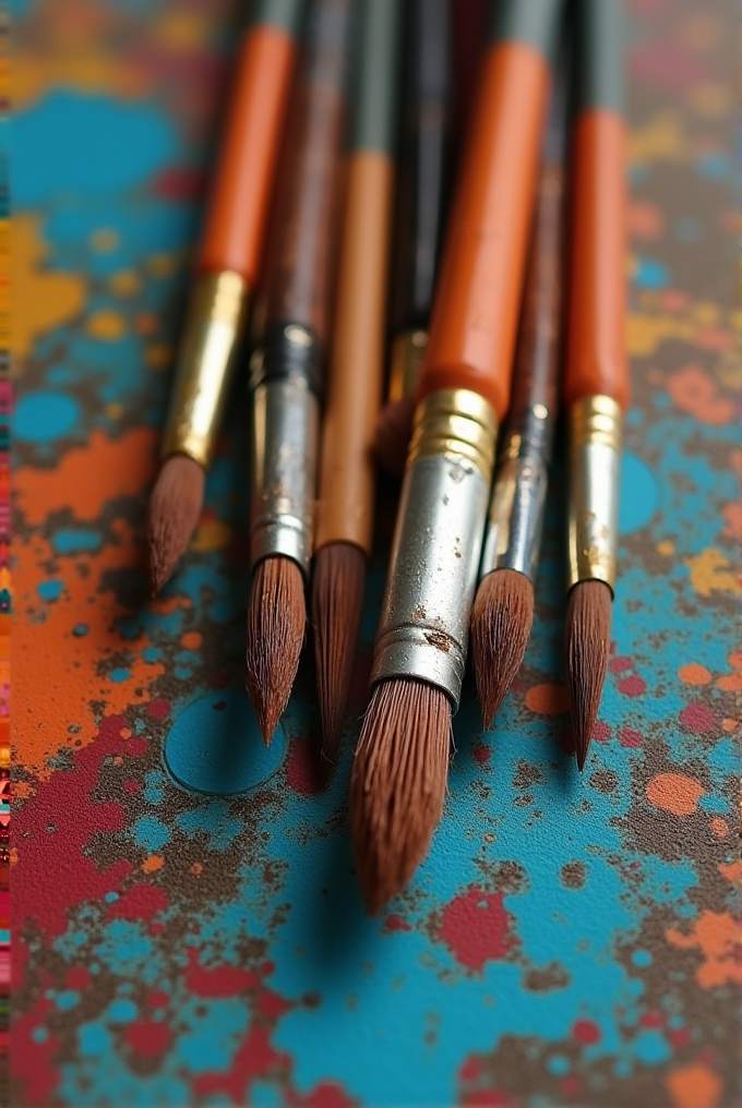 A collection of paintbrushes rests on a colorful, splattered surface.