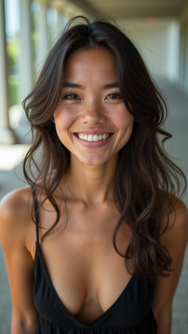 a portrait of a smiling young woman with wavy dark hair wearing a black top, outdoors in natural lighting