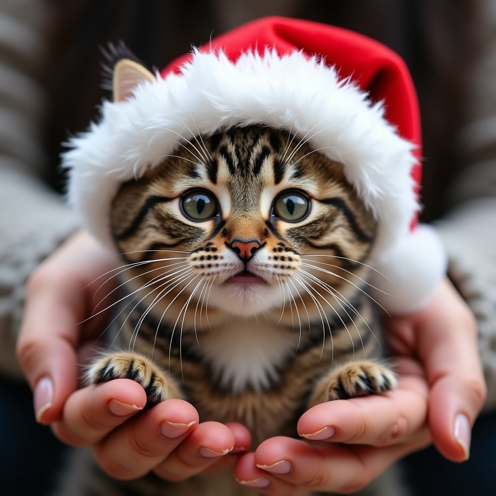 A cozy cat wearing a Santa hat. Cat is held gently in human hands. Ears of the cat are hidden under the hat. Cat appears very happy and curious. Background is softly blurred to emphasize the cat and the hat.