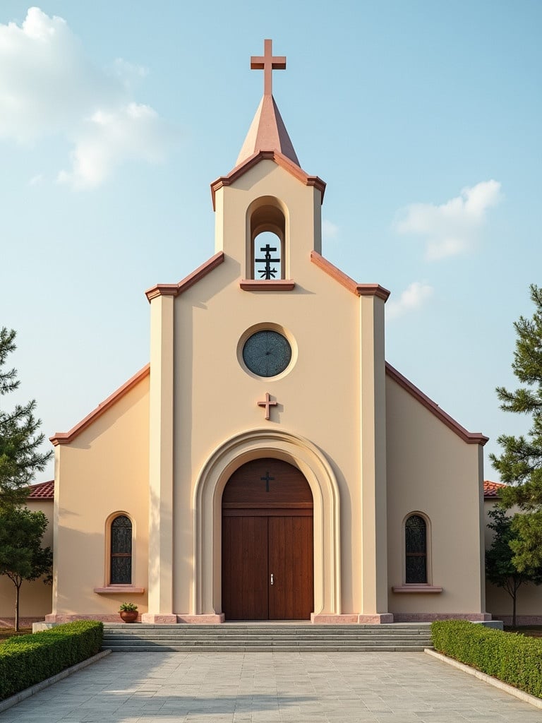 Exterior view of a church with a flat wall. The church features a main entrance, clock, and a cross at the top. The walls are painted in light beige with maroon detailing. There are trees and a well-maintained path surrounding it.