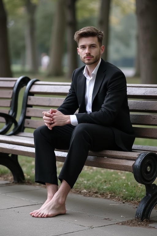 A young man sits barefoot on a park bench wearing a suit. The model has white skin and poses to highlight his bare feet.