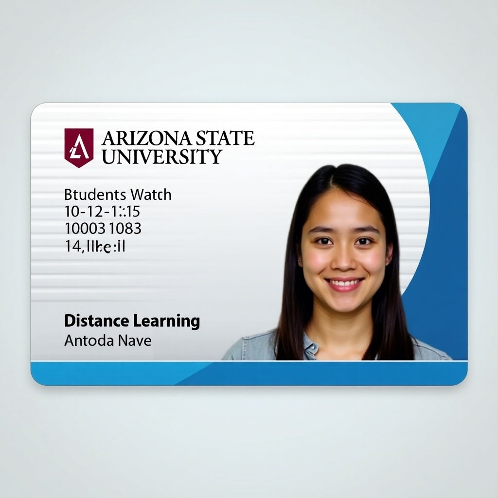 ID card for Arizona State University featuring the logo and student details. Background is blue and white. Contains student ID number and designation as Distance Learning.