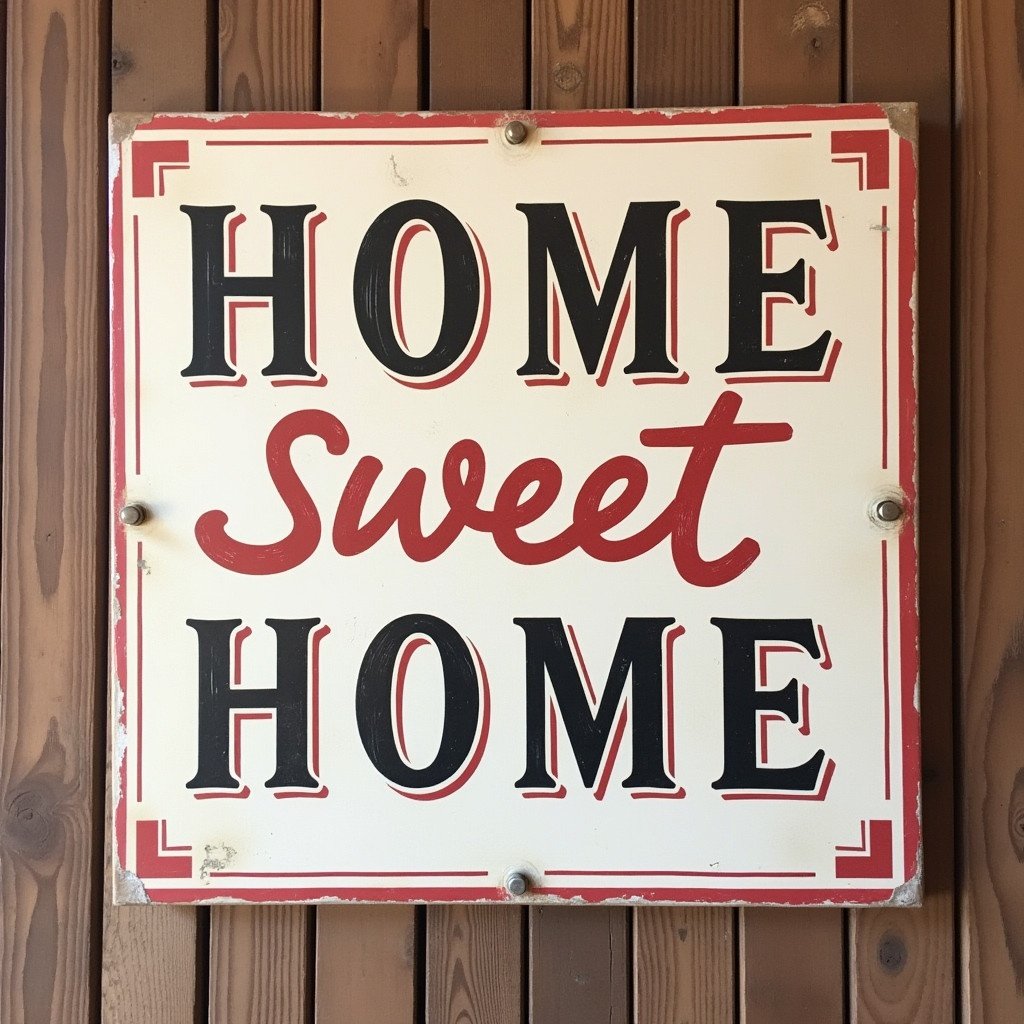 A rustic sign with text saying HOME SWEET HOME. Text is in playful cursive and bold letters. Background is wood with a warm feel. Colors include pastel reds and whites. Sign shows slight wear and tear for a vintage vibe.