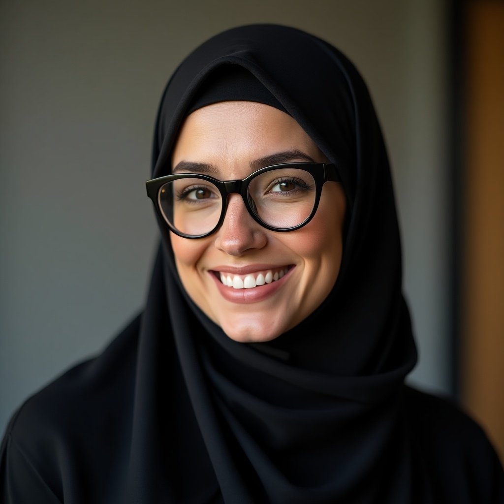 Portrait of a woman. The woman wears a black hijab. She wears glasses. The woman has a soft smile. The background is blurred.