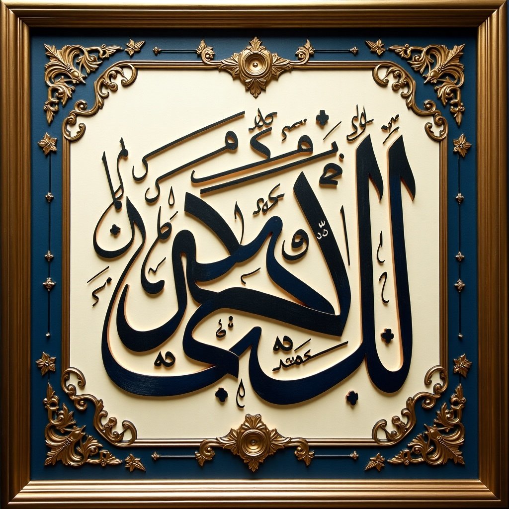 Thick Arabic calligraphy representing Surah Ghafir, highlighted with ornamental design and a decorative frame. Emphasis on the beauty of the script and its spiritual significance.