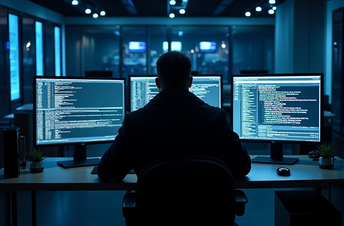 A person sits at a desk with three monitors displaying code in a dark, modern office environment.