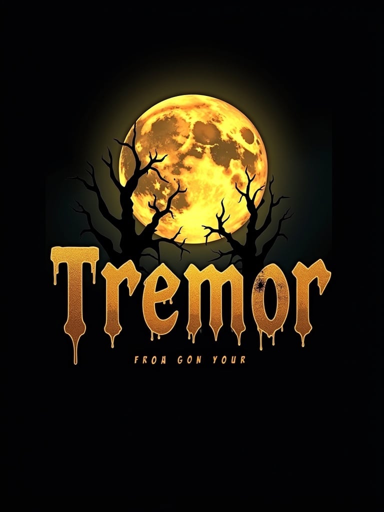 Logo design features the word Tremor styled with spooky texture. Large full moon shines with eerie yellow glow. Twisted branches reach towards the moon. Background is deep black for contrast. Design emphasizes haunting aesthetic.