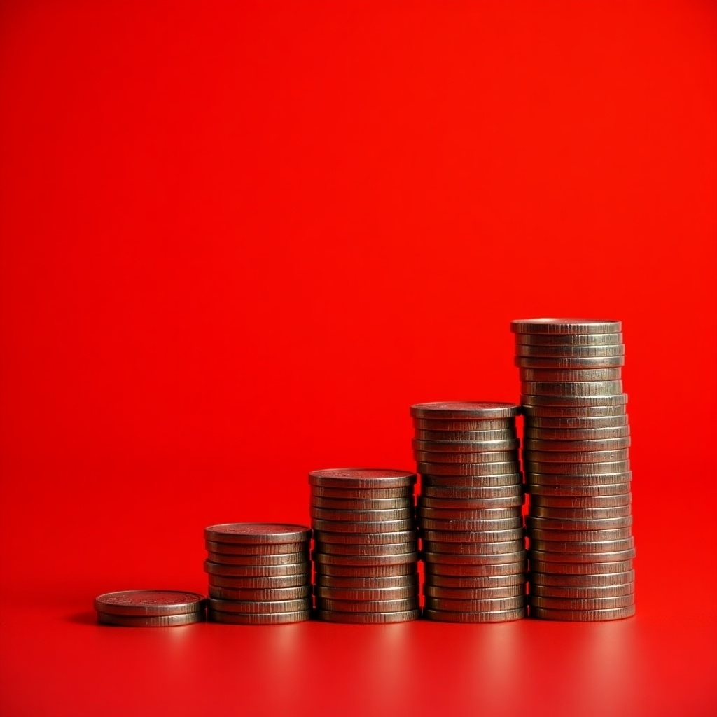 Series of increasing coin stacks on a red background. Stacks rise from the left to the right. Bright colors create a bold visual impact.