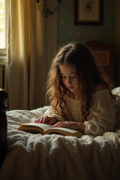 A girl with long dark brown curly hair rests on a bed. She reads an open book. The room has old decor and poor furnishings. Warm light shines through a window, creating a cozy atmosphere.