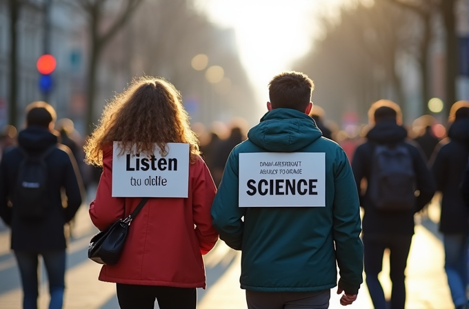 Two people in a crowd walk with signs on their backs emphasizing the importance of listening to science.