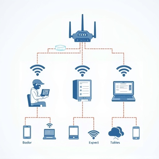 Illustration of installing a wireless connection. A central router with wireless signals. Several devices connected to the network. Shows a user reading on a tablet. Includes phones and laptops connected to the router.