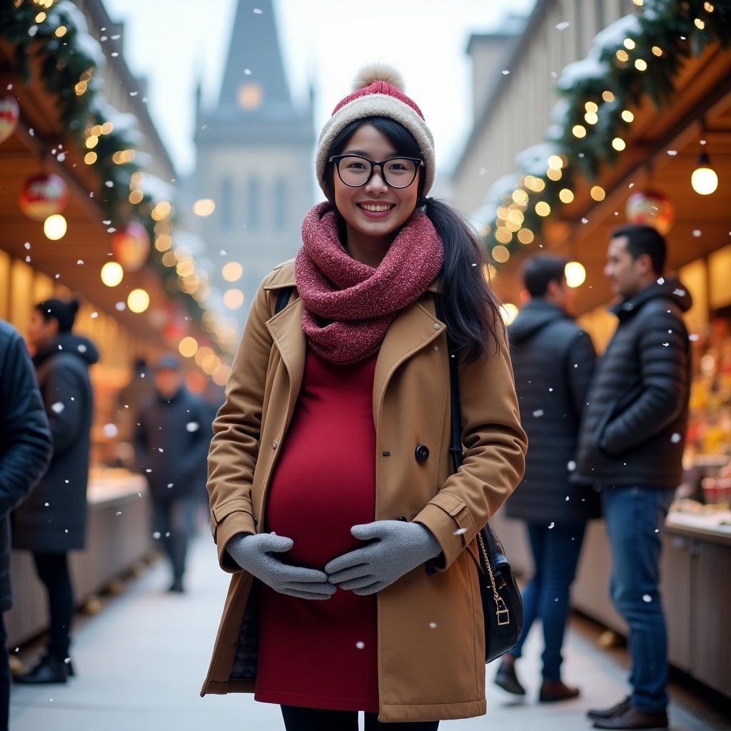 Winter setting with a pregnant woman in a Christmas market. She wears a coat and accessories. Smiling, with a cathedral in the background. Soft falling snow enhances the festive atmosphere.