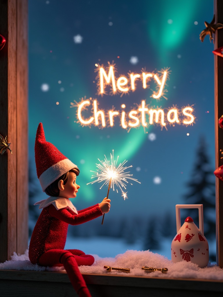 An enchanting Christmas scene features elf sitting on a window ledge. Elf is dressed in red and white. Elf uses a sparkler to write Merry Christmas in the air. Vibrant northern lights create a magical backdrop. The scene captures joy and wonder of the holiday season.