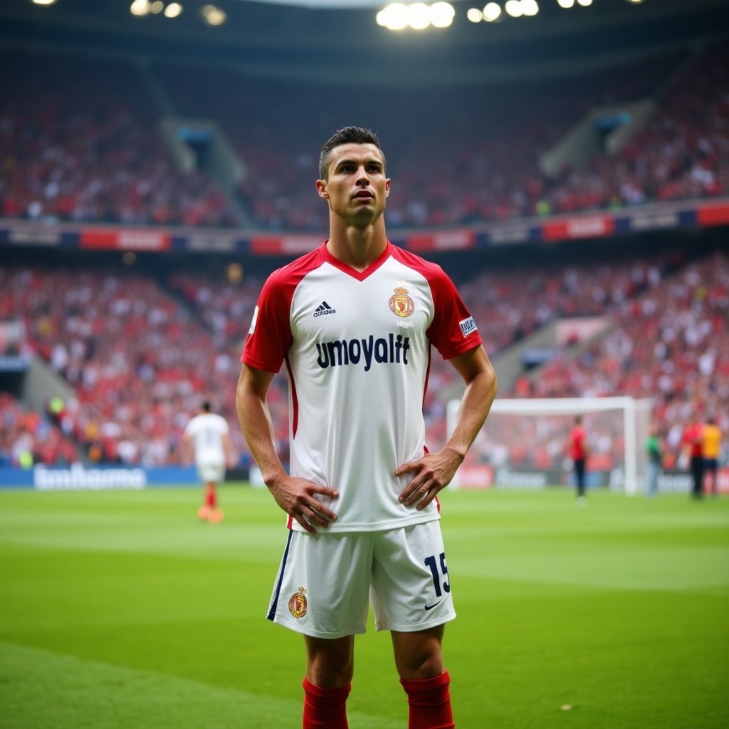 Player stands in a football stadium wearing a Waldhof Mannheim kit. Player displays numbered jersey and team branding. The scene captures the ambiance of a sporting event with spectators in the background.