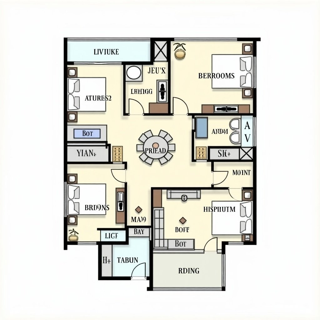 Detailed 2BHK apartment floor plan in 1380 m2 area with labeled rooms and dimensions.