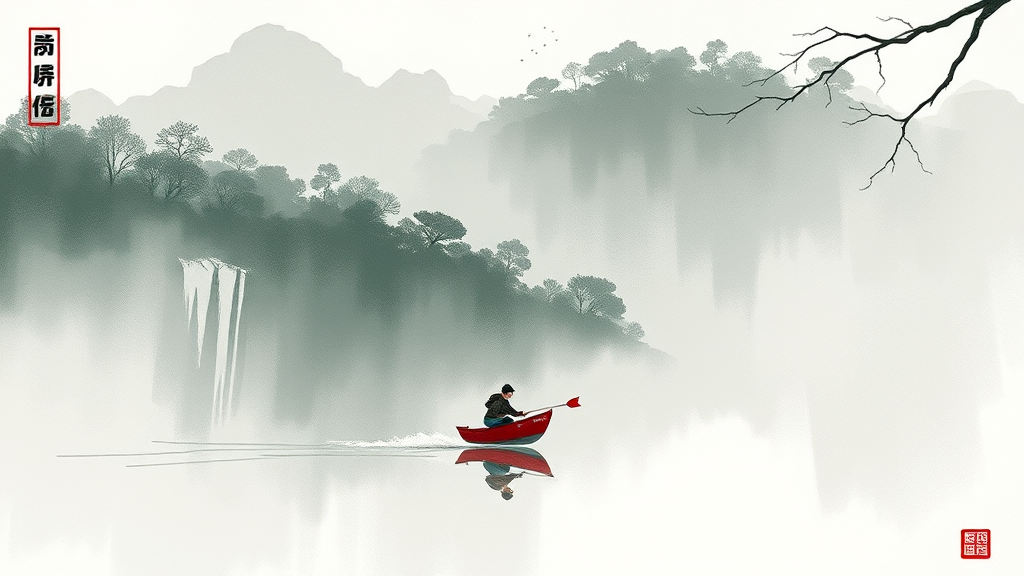 A person in a red canoe paddles through misty waters, surrounded by mountains and trees.