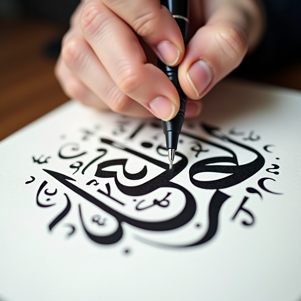 Close-up view of hand using pen to write Arabic calligraphy. Bold black ink on white paper. Hand is steady and focused on letters. Designs surround the main calligraphy. Soft lighting enhances the strokes.