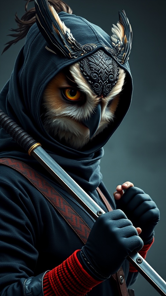 A meticulously crafted digital illustration featuring an anthropomorphic owl dressed in a ninja-style attire. The owl's piercing yellow eyes and intricate feather detail are highlighted, with a katana elegantly gripped in its gloved hand. The combination of dark hues and striking design elements adds a mysterious and captivating aura to the image.