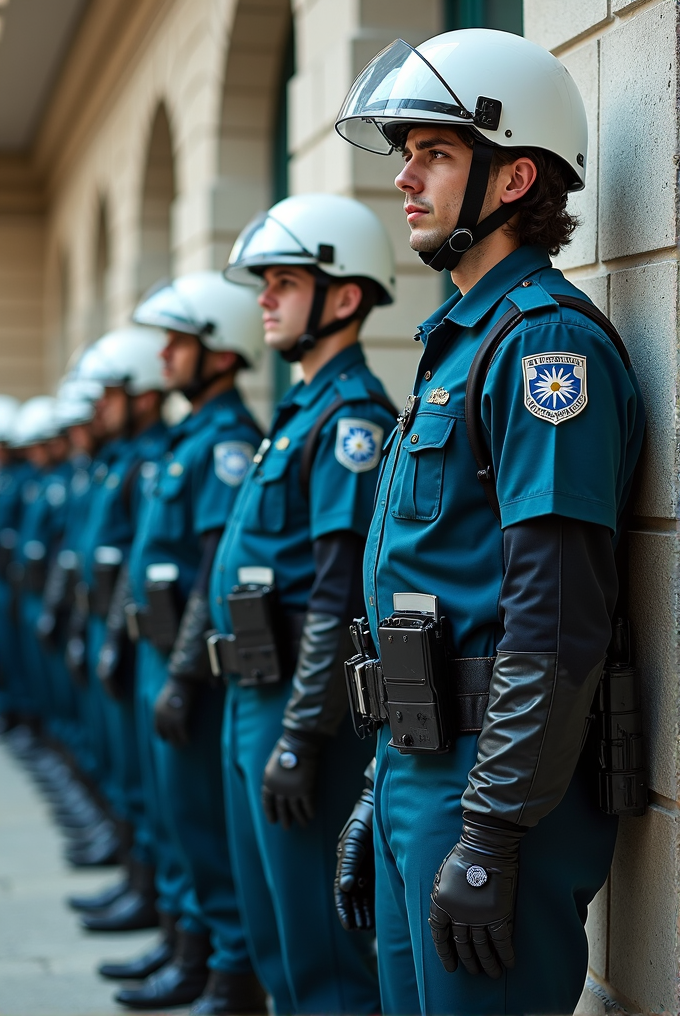 A row of uniformed officers in helmets stands against a building, facing forward.