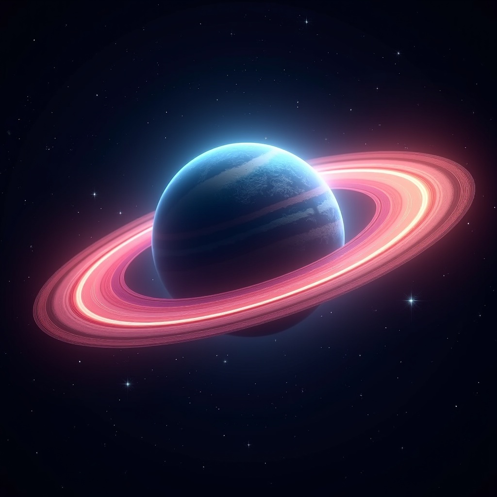 A mesmerizing planet encircled by vibrant rings set in deep space filled with stars. Planet shows bluish hue, rings radiate pink and orange glow. Ethereal atmosphere emphasizes cosmic nature. Visual captures beauty and intrigue of outer space. Composition invites viewers into galaxy fantasy.