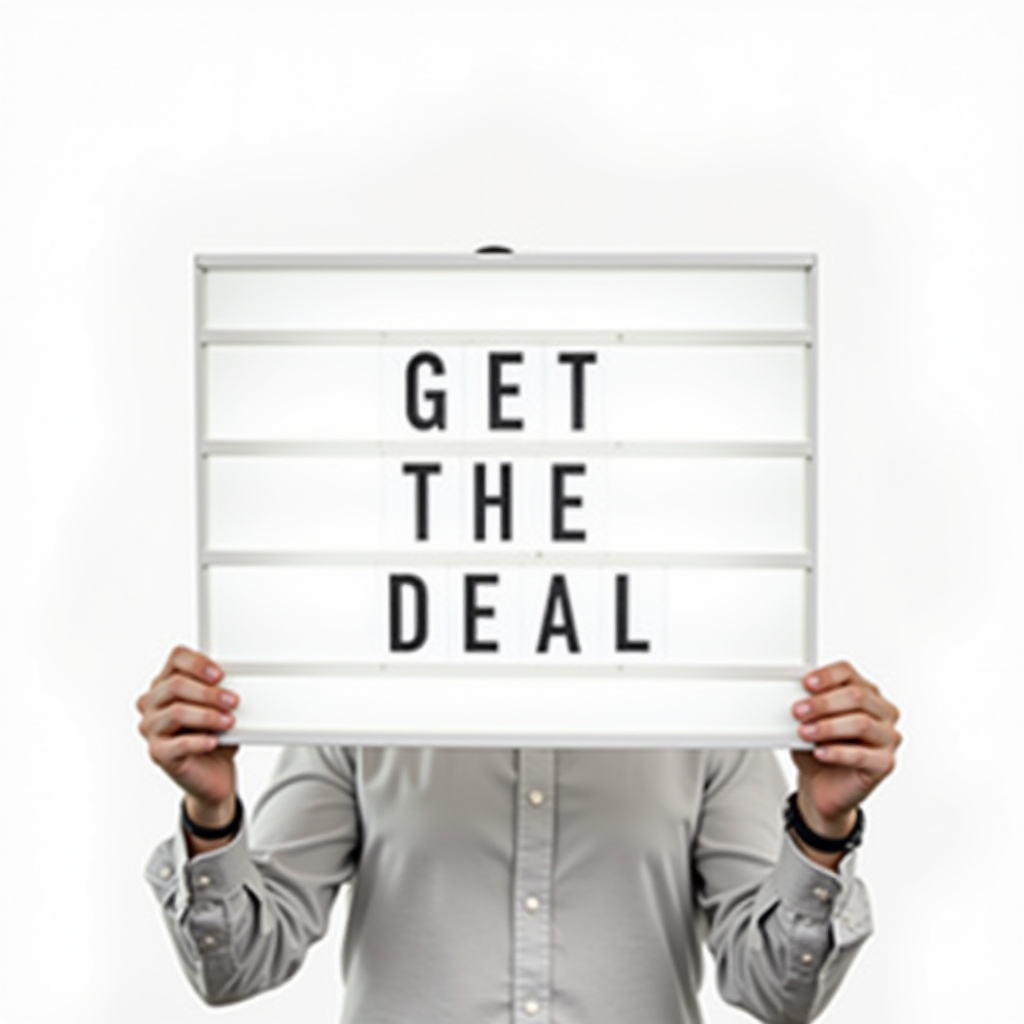 A person holding a sign with the words 'GET THE DEAL' on it.