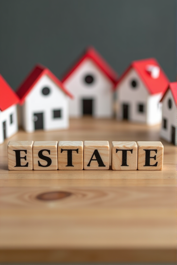 The image features six wooden blocks spelling "ESTATE" in front of a row of small model houses with red roofs on a wooden surface.