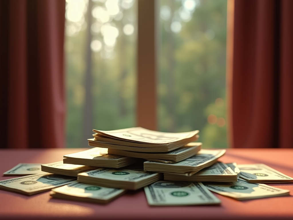 Several stacks of one hundred dollar bills are placed on a table by a sunlit window.