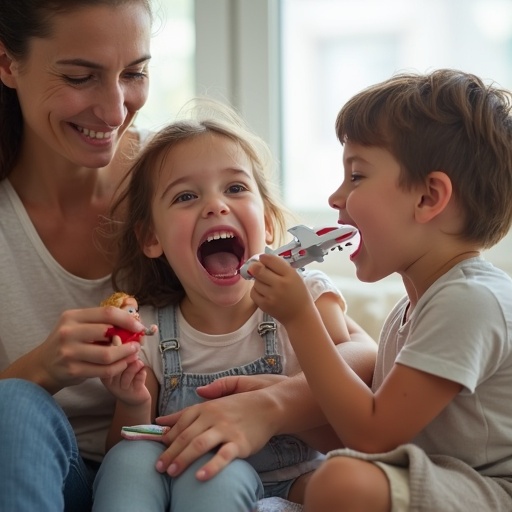 A girl is pretending to be a giant while her mother playfully moves a toy plane towards her mouth. The boy has a doll in his mouth. They are engaged in playful interactions together.