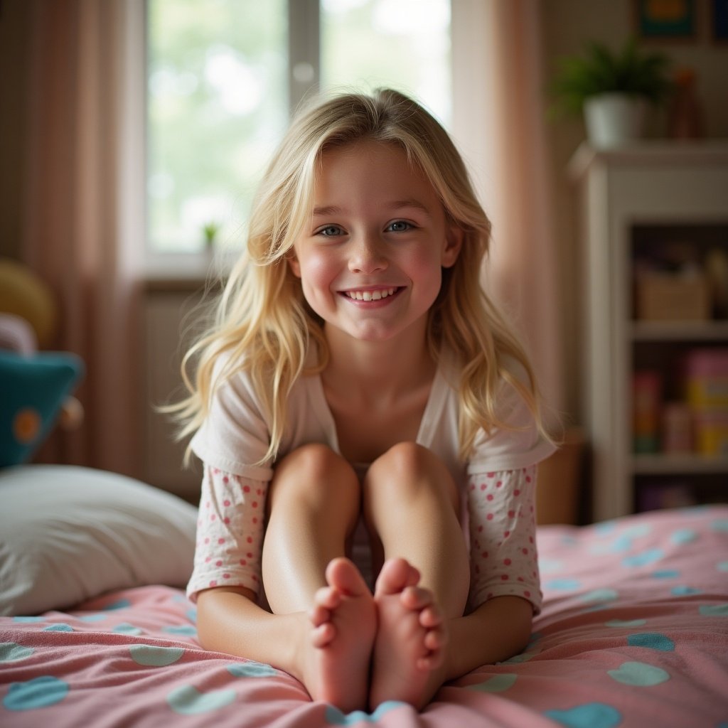 Cute blonde teenage girl showing barefoot camera. A girl sits on a bed with her legs crossed. Soft focus on background creates a calming atmosphere.