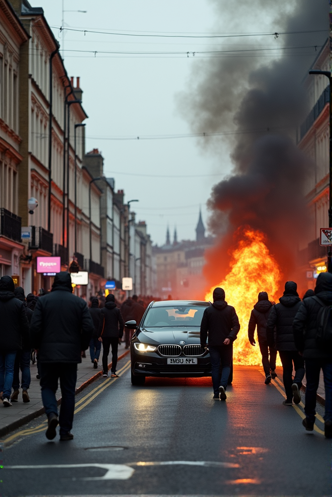 A striking street scene shows a car attempting to navigate towards a large fire blocking the road, surrounded by pedestrians in dark clothing.