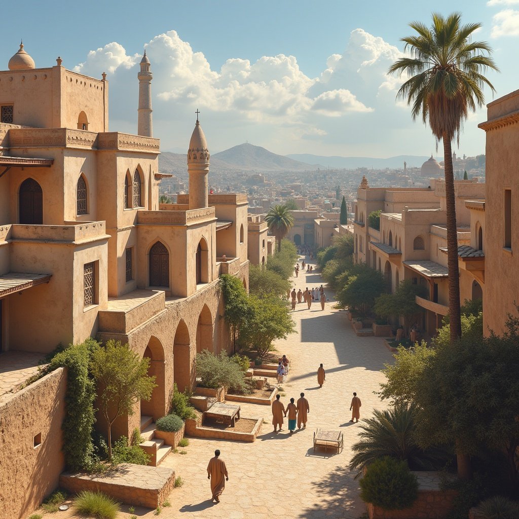 Scenic view of a vibrant desert town. Traditional architecture with intricate details. Palm trees lined along the path. Crowds of people walking in traditional attire. Blue sky with soft clouds.