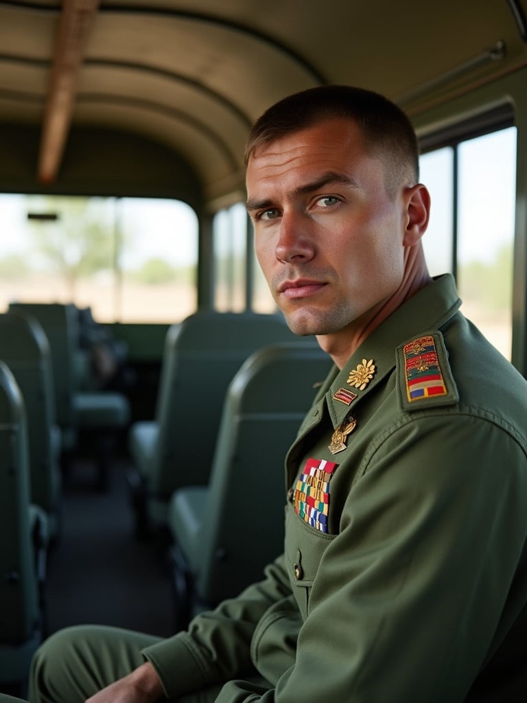 A soldier sits quietly inside an army bus. Uniform is green with medals and insignia. The interior of the bus is clearly visible. Soldier appears thoughtful. Suggests a warm environment.