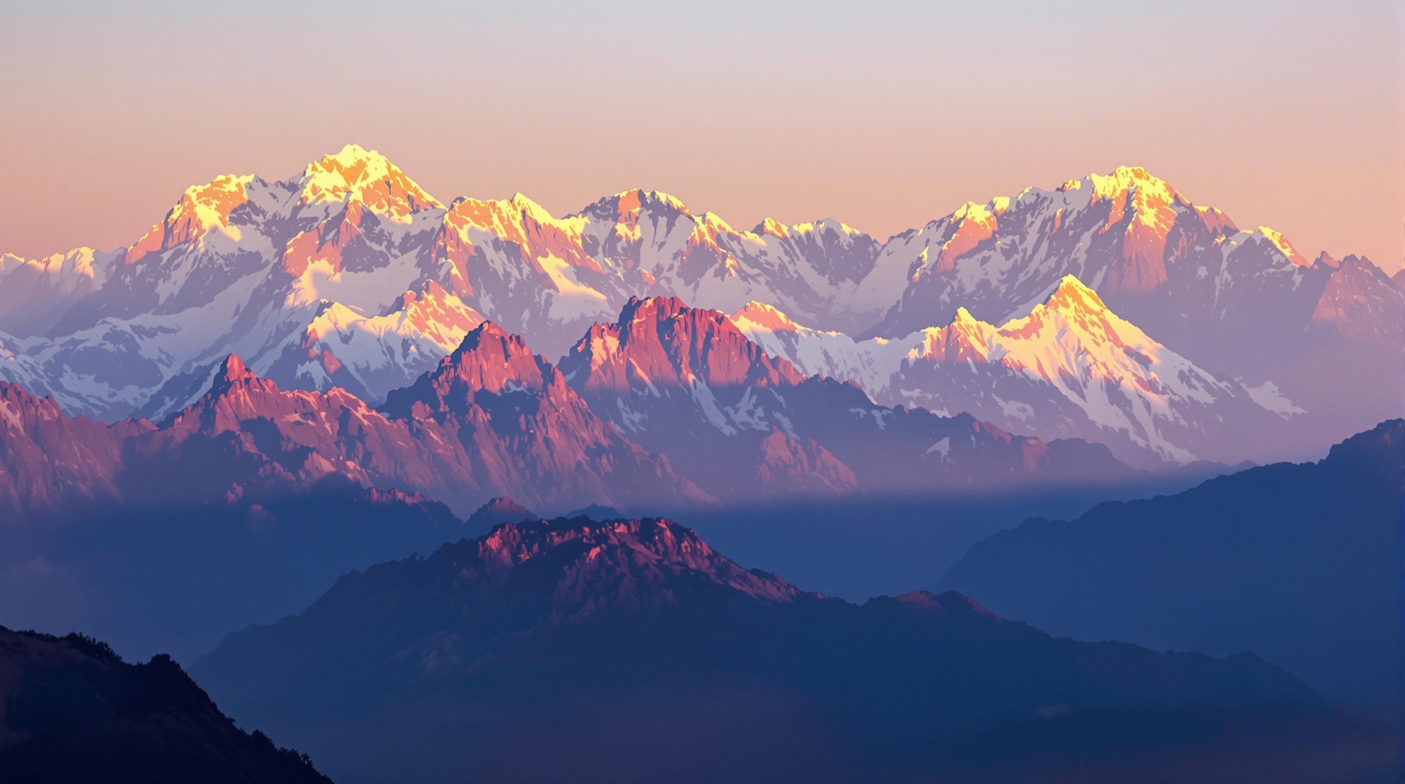 A breathtaking view of the Himalayas during a summer day at golden hour. Snow-capped peaks glow with sunlight. Pink and purple hues fill the sky. Mountains in the foreground create depth.