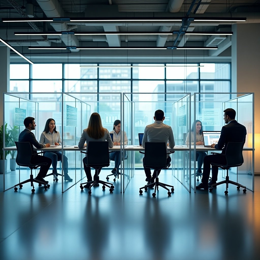 Image describes modern hybrid workspace. Transparent glass pods accommodate teams in virtual meetings. Digital dashboards show OKR metrics. Space is bright and airy with natural light. Holographic members interact in virtual zones. Trust indicators include open doors and shared spaces.