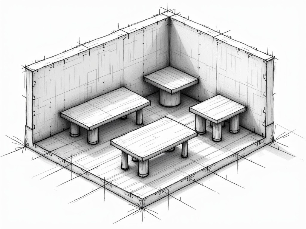 This image is a conceptual sectional drawing showcasing a room with tables. The design features varied line weights, demonstrating depth in a creative way. Thicker lines indicate objects that are closer, like the tables, while thinner lines depict those further back, such as the walls. Detail work highlights the edges of the tables and cylindrical elements. Clear hatch patterns define the walls, contributing to a structured appearance. The overall arrangement aims to enhance the viewer’s understanding of the spatial dynamics within the room.