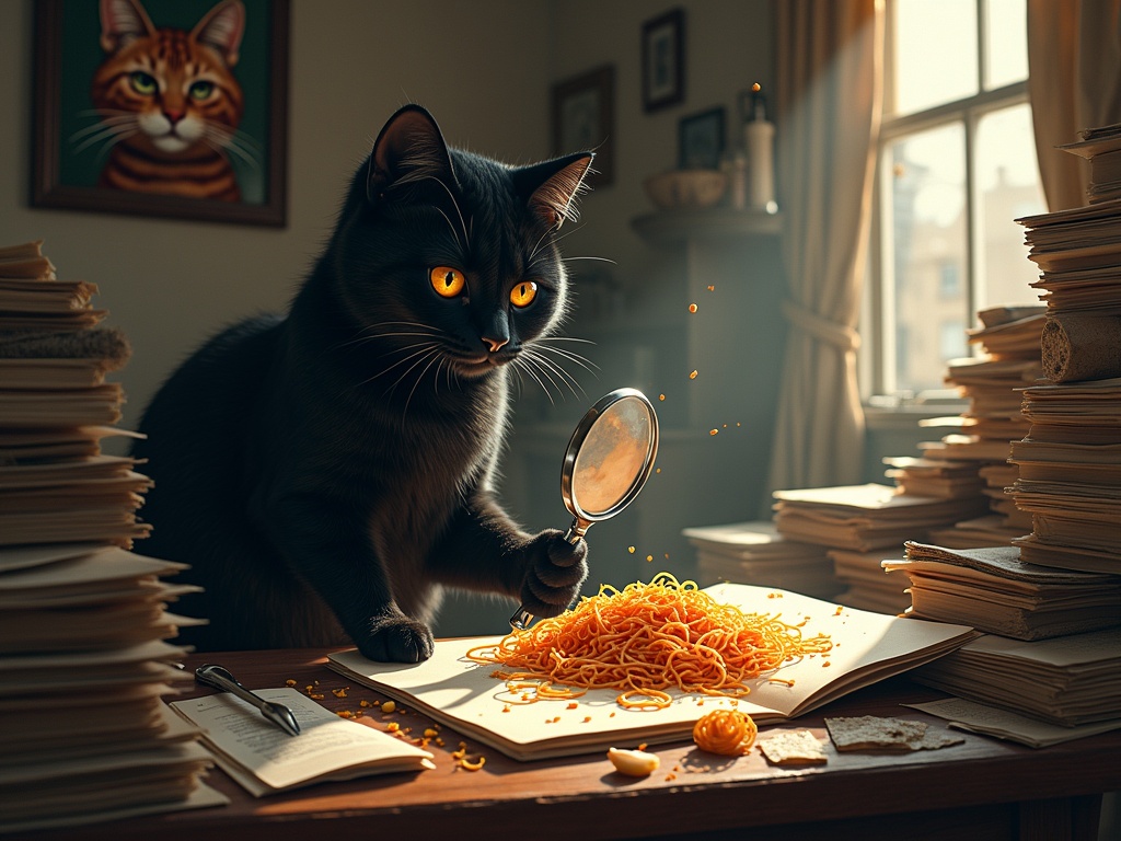 A sleek black cat sits in a cluttered detective office. Shredded strands of spaghetti are everywhere. A framed portrait of a mischievous ginger cat hangs on the wall. The black cat focuses on organized files. It holds a magnifying glass and a silver fork. Dust motes in sunlight create a warm atmosphere. The office feels chaotic but determined.