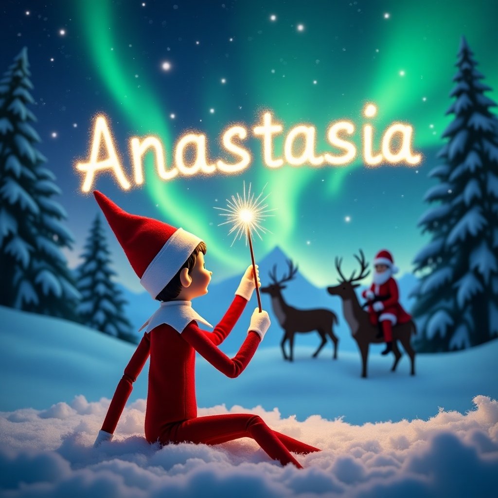 The scene features an Elf on the Shelf with its back to the viewer, gazing at the sky. The elf is using a wand to spell the name 'Anastasia' in sparkling letters. Behind the elf is a stunning winter landscape illuminated by vibrant northern lights. A silhouette of Santa Claus can be seen riding his reindeer in the background. Snow-covered trees and a serene mountain range complete the enchanting holiday atmosphere.