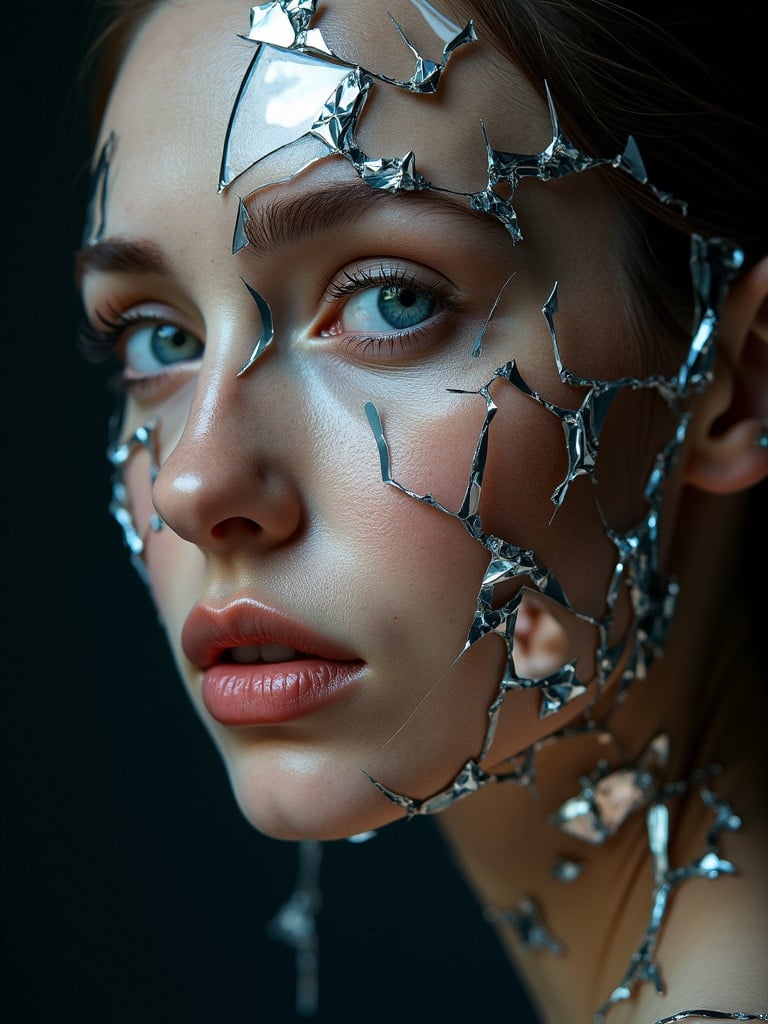 Artistic image displays a woman's face formed by shattered mirror shards. The shards scatter to outline the face with clear yet warped reflections showing different features. The background is dark to highlight the reflective surfaces.