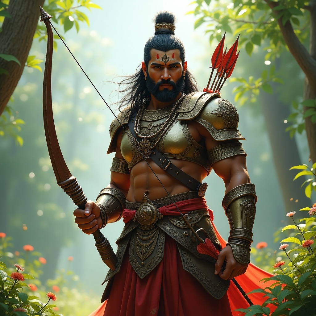 Hindu warrior in an armored suit. Holding a bow and arrow. Displaying historical influences. Surrounded by a lush green forest.