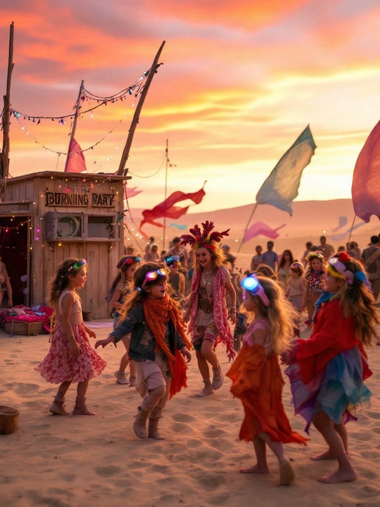 Children around four years old having a lively party in the desert. Vibrant sunset with pink, orange, and purple hues. Eclectic costumes and playful accessories. Handmade wooden structure decorated with lights. Dynamic atmosphere of freedom and creativity.