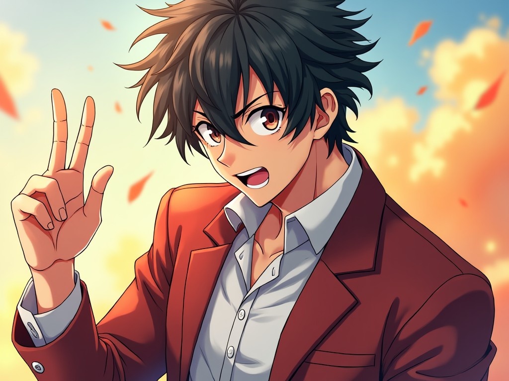 This image features a young male character with a fit body and cool short hair. He has a lively expression, exuding confidence and charisma. The character is dressed in a smart, casual outfit with a button-up shirt under a blazer. His hand is raised in a peace sign, adding to the playful atmosphere. The background is a gradient of warm oranges and cool blues, highlighting the character's vibrant personality. Overall, the artwork is highly detailed and crafted in a high-resolution anime style.