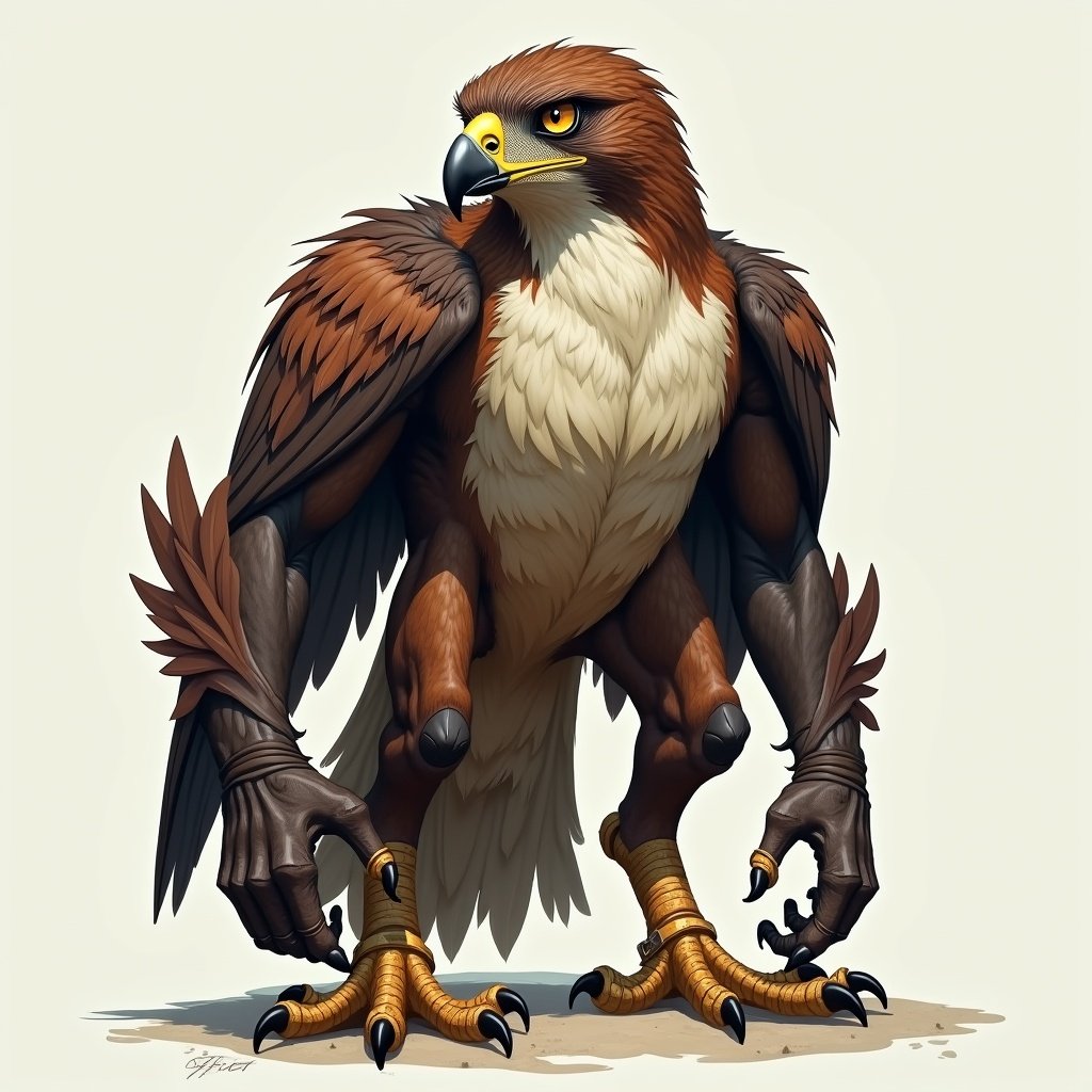 A powerful creature blends hawk-like features with a humanoid form. It has sharp eyes reflecting intelligence, standing upright with elegant posture. Feathers cascade down its arms, transitioning into strong, talon-like hands. The chest combines feathers and skin, emblematic of flight strength. Its face features a regal beak of a hawk and human-like expressive eyes.