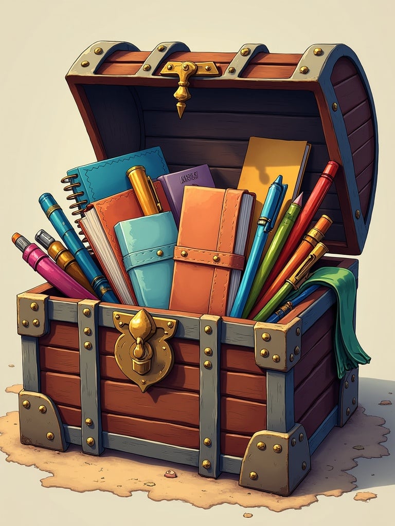 Treasure chest filled with various stationery items. This includes colored pens notebooks and art supplies. The chest is wooden and has metal accents. Items are arranged in a colorful manner.