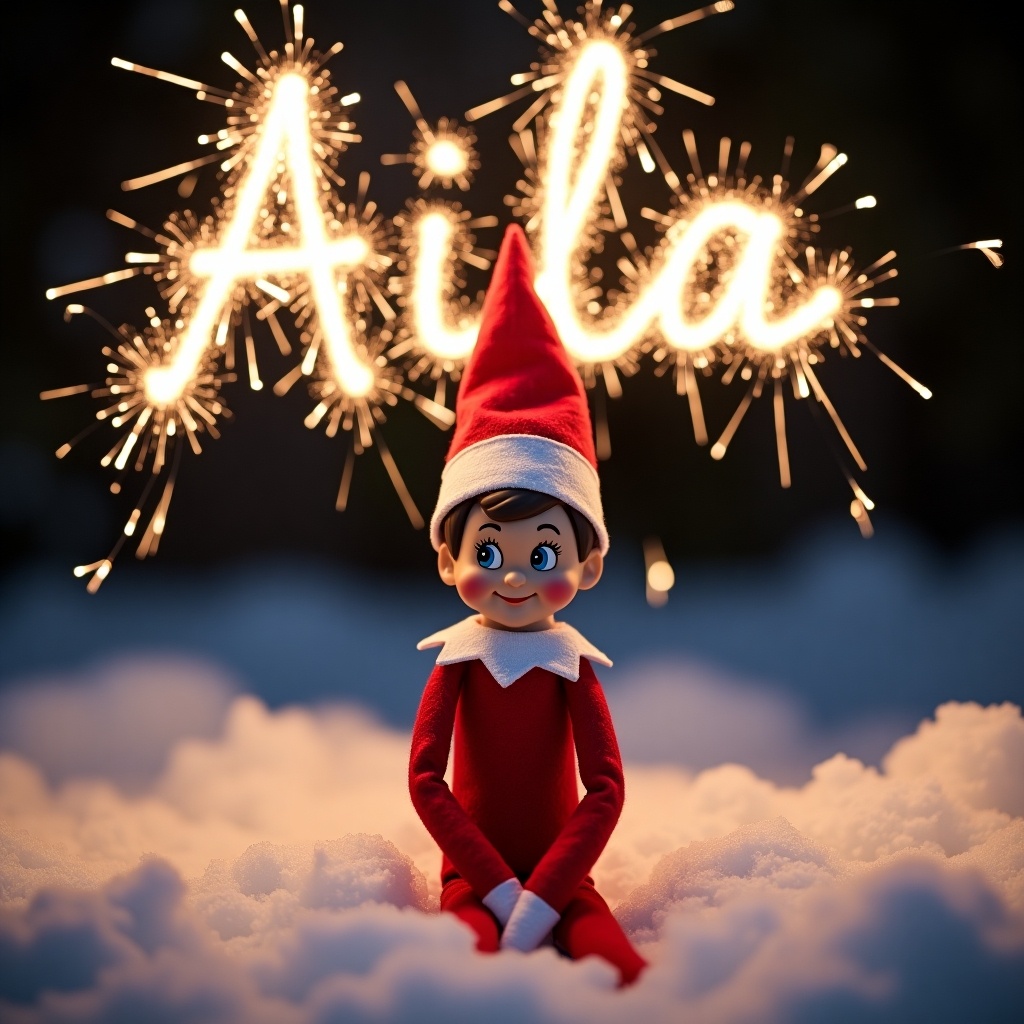 This image features a cheerful Elf on the Shelf named Lance, sitting in a snowy setting during nighttime. The elf is dressed in a bright red outfit, complete with a pointy hat, surrounded by fluffy white snow. Above him, the name 'Aila' sparkles in the sky, created with glowing sparklers, adding to the festive atmosphere. The scene is adorned with magic, representing the joy of the holiday season. The overall ambiance is enchanting and perfect for celebrating Christmas cheer.