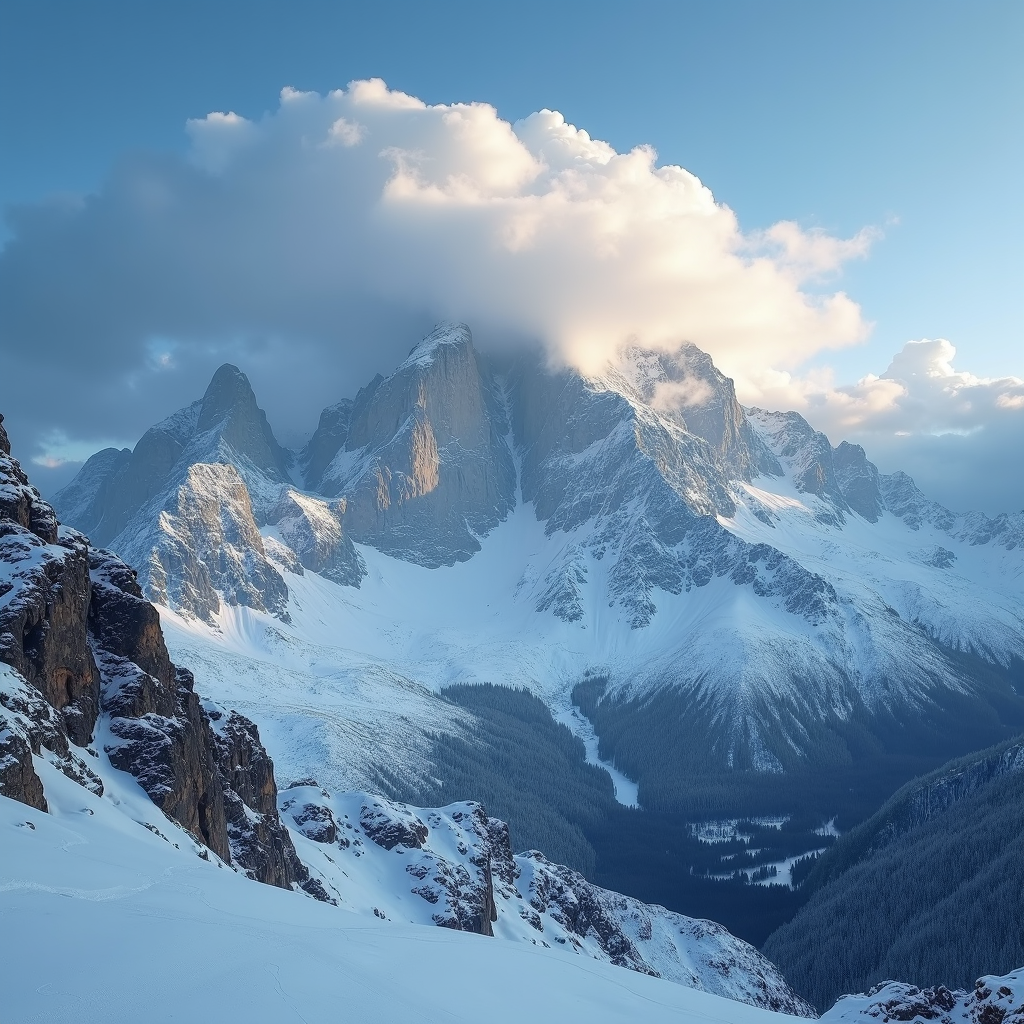 Snow-covered mountain peaks bathed in soft morning light with clouds partially obscuring the summit.