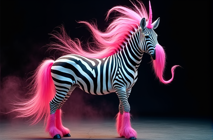 A zebra with vibrant pink mane, tail, and hooves against a dark background.