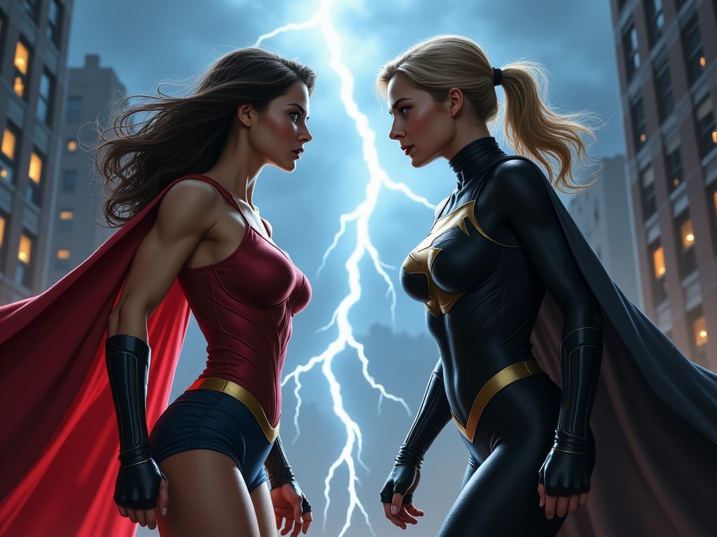 The scene depicts two superheroes facing off against each other in a dramatic confrontation. One woman is in traditional superhero colors with a striking red cape, while the other wears a sleek black bodysuit and black cape. The background features a dark urban setting, creating a tense atmosphere enhanced by stormy skies and flashes of lightning. The characters are highly detailed, showcasing their muscular forms and distinct costumes. The artwork captures a moment rich with intensity, emphasizing the gravity of the face-off between these formidable heroes.