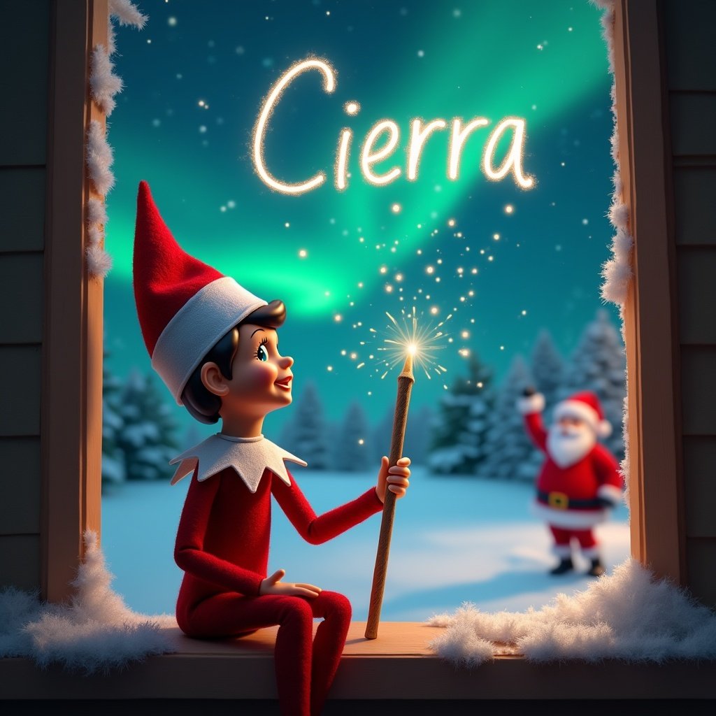 Elf on the Shelf gazes at the sky using a wand to write in the air. A magical Christmas background with northern lights and Santa appears.